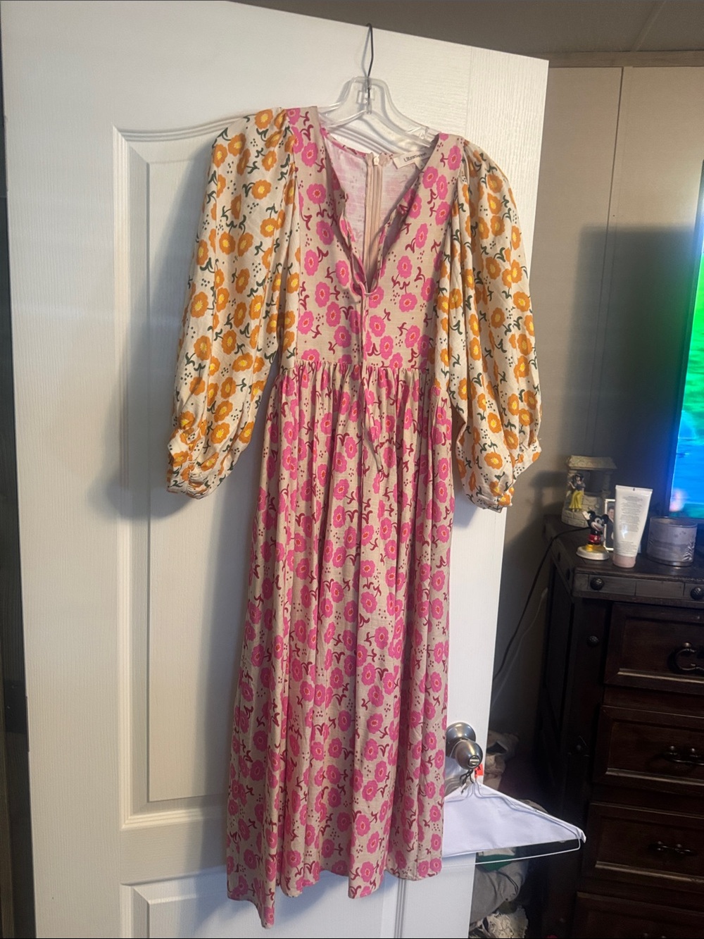 Pink and Yellow Floral Maxi Dress with Puff Sleeves